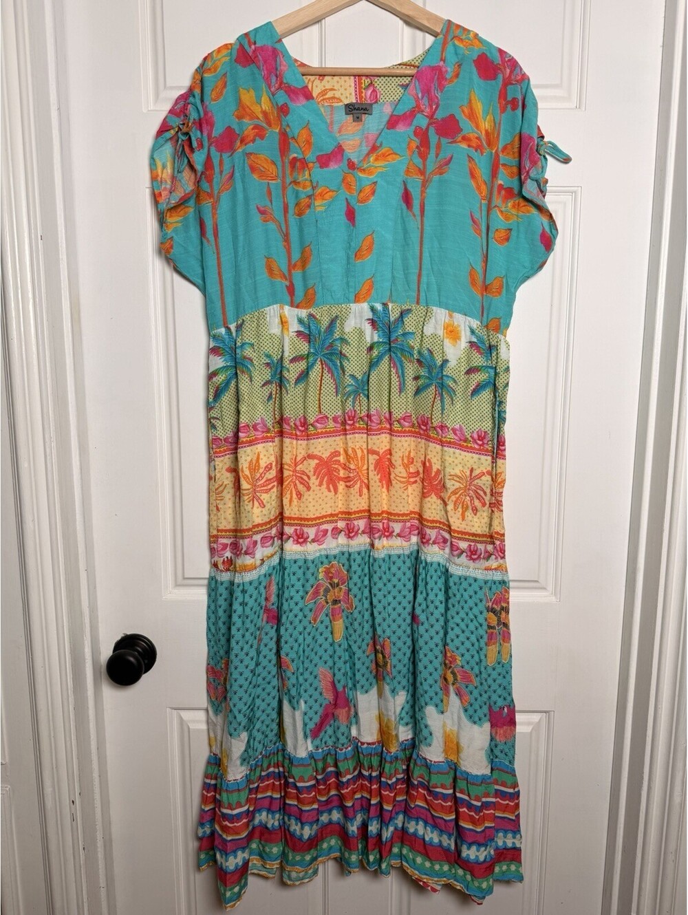 Shana Sz Medium Maxi Dress Art Wear Tropical Floral Linen Boho Tiered Colorful